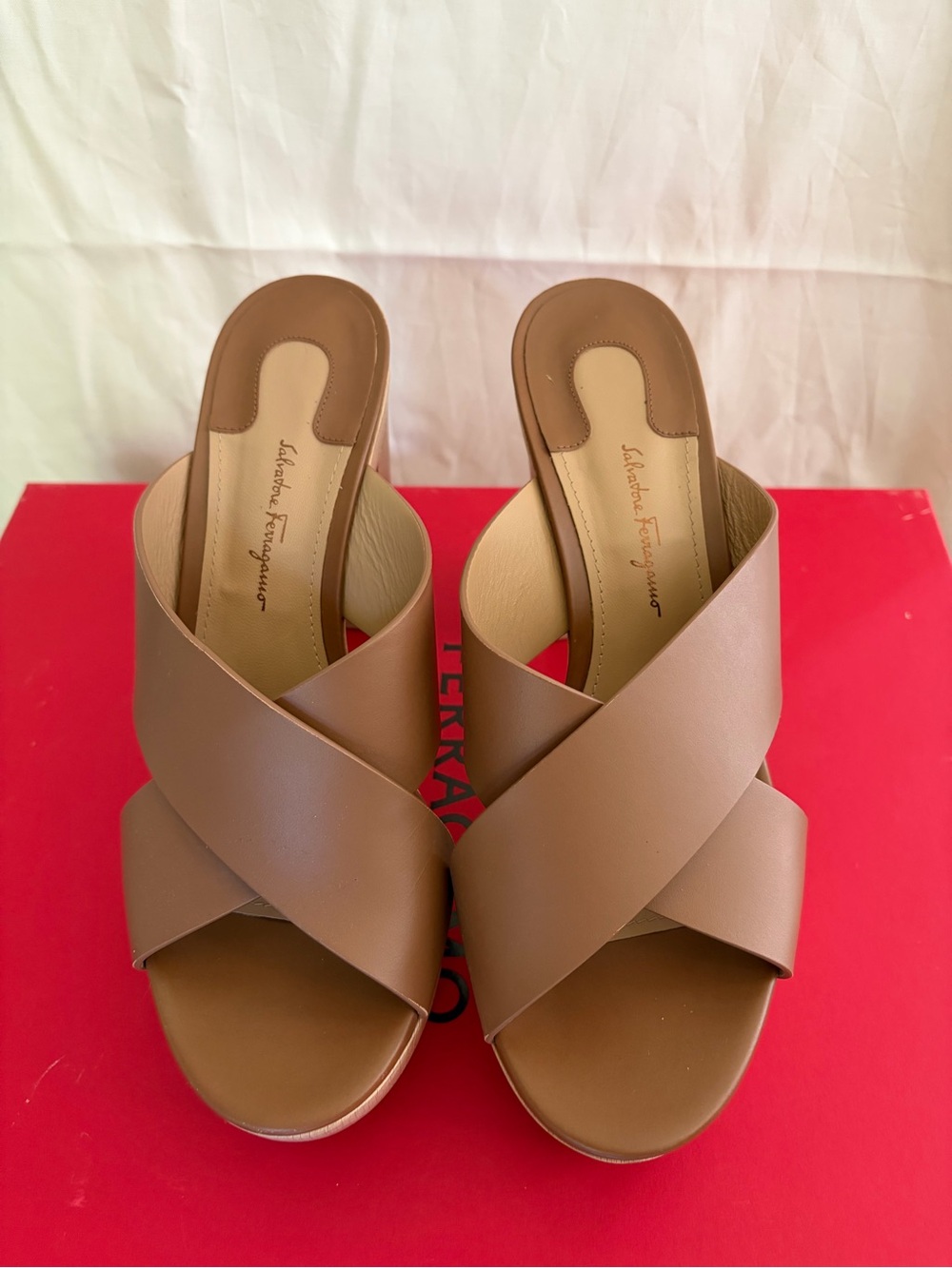 Salvatore Ferragamo Brown Leather Crisscross Slide Mules - Picture 1 of 5